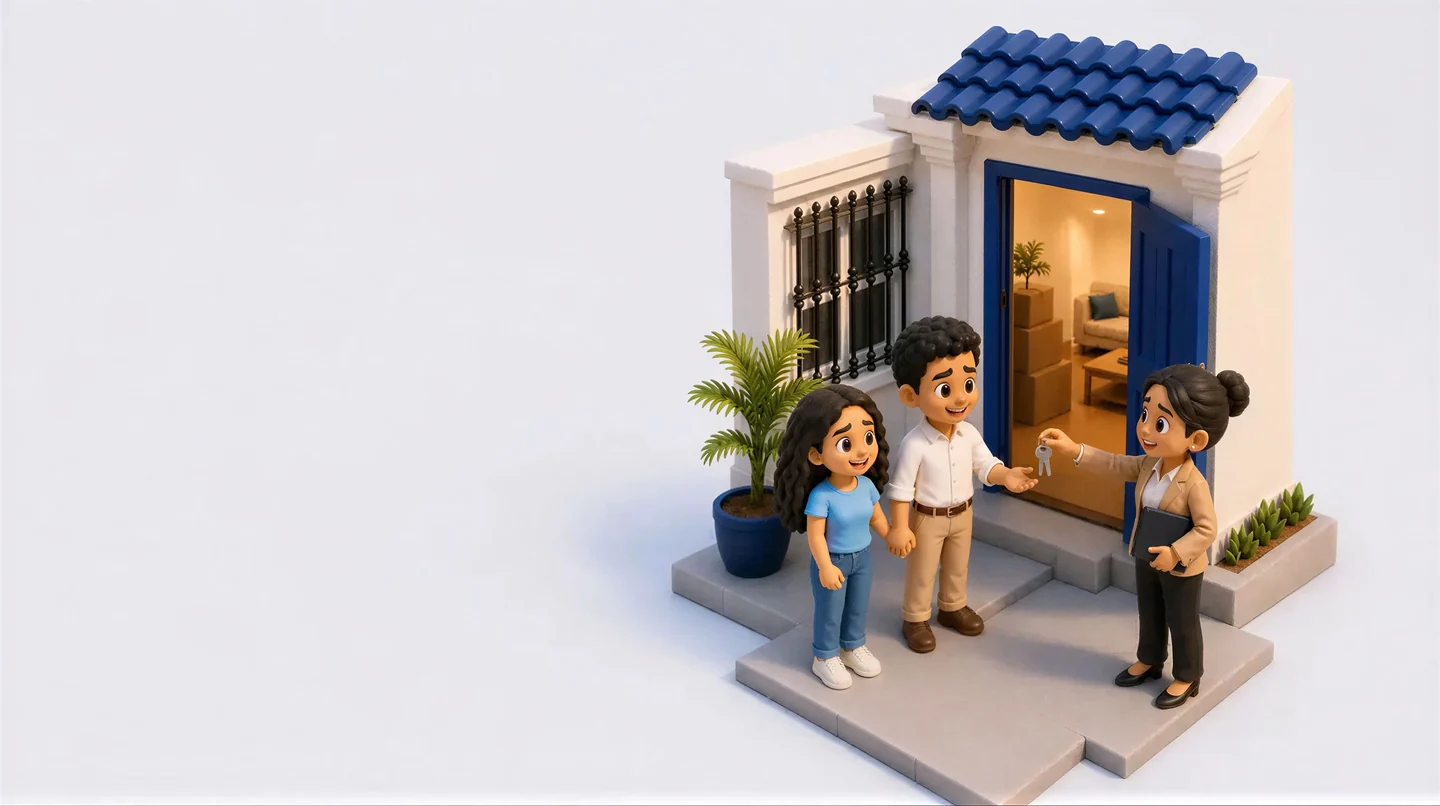 La puerta abierta muestra la nueva vivienda con cajas de mudanza; la agente le entrega las llaves a la pareja, que entra feliz.